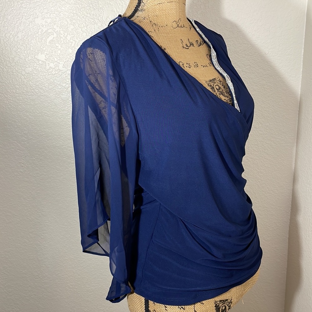 COPY- MSK Embellished Chiffon Sleeve Top Rhinestone Faux Wrap Surplice Blouse - Picture 12 of 17